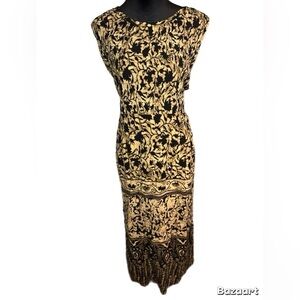 Vintage R&K Black and Gold Patterned With Smoked top Maxi Dress. Size 18